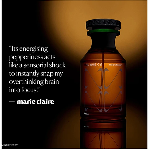Image 1 - A dark amber bottle labeled MIND ENERGY sits against a gradient background with text from Marie Claire stating its energising pepperiness acts like a sensorial shock to snap the overthinking brain into focus.
Image 2 - The image shows a diagram of a fragrance bottle divided into three sections labeled Top, Heart, and Base, with visible text listing the scents: Top - Coriander Seed, Juniper, Pink Peppercorn; Heart - Clary Sage, Spearmint, Peppermint; Base - Cedarwood, and a description stating this unique fragrance combines clary sage, juniper, pink peppercorn, and clove, resulting in a peppery, fresh scent with a warm, velvety base.