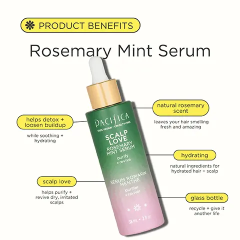 Image 1, PRODUCT BENEFITS Rosemary Mint Serum helps detox + loosen buildup while soothing + hydrating scalp love helps purify + revive dry, irritated scalps PACIFICA 0% VEGAN CRUELTYPE SCALP LOVE ROSEMARY MINT SERUM purify + revive SÉRUM ROMARIN MENTHE Durifier +raviver natural rosemary scent leaves your hair smelling fresh and amazing hydrating natural ingredients for hydrated hair scalp 58 ml-2 or glass bottle recycle + give it another life Image 2, KEY INGREDIENTS Rosemary Mint Serum rosemary natural anti-inflammatory that helps nourish scalp PACIFICA 0% VEGAN CRUELTY-PE SCALP LOVE ROSEMARY MINT SERUM purify +revive SÉRUM ROMARIN MENTHE Durifier raviver sage + thyme herbal extracts that help. deliver nutrients + moisturize witch hazel helps calm + soothe 58 ml 2 or Image 3, smells like rosemary and mint PACIFICA 100% VEGAN CRUELTY-FREE SCALP LOVE ROSEMARY MINT SERUM purify + revive RUM ROMARIN MENTHE purifier +reviver Image 4, scalp soothing and hydrating any hair type especially oily and dry itchy scalp Image 5, how to get the most magical hair of your dreams use on clean or dirty hair apply a couple of drops or more to the palm of your hands massage into scalp shampoo or use as an overnight treatment live your best life go out and live your magical life Image 6, PAIRS BEST WITH Rosemary Purify Shampoo purifying helps to get build-up off your scalp, leaving it feeling invigorated cleansing lean scalp + hair without over-stripping PACIFICA ROSEMARY PURIFY INVIGORATING SHAMPOO stimulating with rosemary & mint formulated without alates all hair types congested scalp natural mint scent leaves your hair smelling fresh and amazing hydrating natural ingredients for hydrated scalp + hair 100% PCR 100% PCR bottle