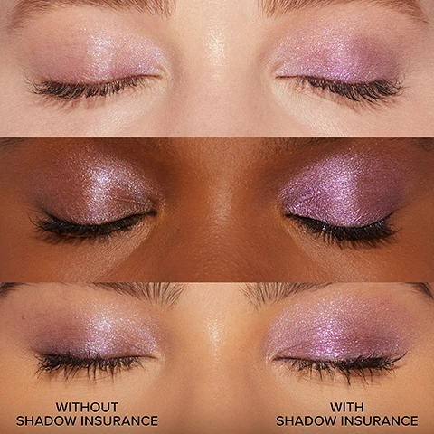 Image 1 - The image shows three close-up views of closed eyes with purple eyeshadow: the top has a light skin tone labeled without shadow insurance, the middle shows a medium skin tone with the same label, and the bottom has a dark skin tone labeled with shadow insurance.
Image 2 - Image of a tube of Too Faced Shadow Insurance eye shadow primer with a wand applicator, set against a pink background, accompanied by text highlighting features: 24-HOUR WEAR, PRIMES LIDS FOR SMOOTH APPLICATION, INTENSIFIES SHADOW COLOR, WATERPROOF, NON-CREASING.