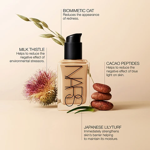 image 1, biomimetic oat = reduces the appearance of redness. milk thistle = helps to reduce the negative effect of environmental stressors. cacao peptides = helps to reduce the negative effect of blue light on skin. japanese lilyturf = immediately strengthens skin's barrier helping to maintain moisture. image 2, advanced makeup skincare hybrid. instantly blurs and smooths. visibly improves skin's clarity over time. suitable for most skin types, including sensitive. recyclable glass bottle. image 3, nars foundation comparison. light reflecting foundation: finish = natural. coverage = medium, buildable. benefit = makeup skincare hybrod foundation, vegan formula, breathable, all day wear. natural radiant longwear foundation: finish = natural. coverage = medium to full. benefit = 16 hours of fade resistant wear, color stays true as if just applied. sheer glow foundation: finish = natural. coverage = sheer, buildable. benefit = lightweight, hydrating formula improves radiance and evens the skin tone. pure radiant tinted moisturiser: finish = radiant, natural. coverage = sheer, buildable. benefit = lightweight tinted moisturisers, brightens and protects with vitamin c. image 4, routine for radiance. 1 = radiance primer SPF 35 = prep skin for smooth makeup application. 2 = light reflecting foundation = perfect your base with medium, buildable coverage. 3 = radiance creamy concealer = diminish the look of under eye cricles, blemishes and more. 4 = light reflecting setting powder = lock makeup in place all day with a luminous finish.
