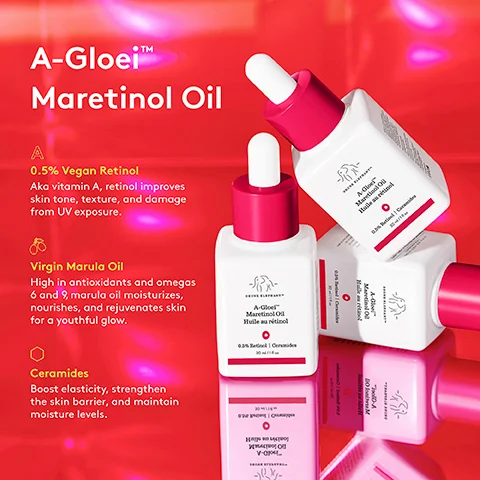 Image 1, A-GloeiTM Maretinol Oil A 0.5% Vegan Retinol Aka vitamin A, retinol improves skin tone, texture, and damage from UV exposure. Virgin Marula Oil High in antioxidants and omegas 6 and 9, marula oil moisturizes, nourishes, and rejuvenates skin for a youthful glow. A-Gloe Martinol Od Huile au rétinol Ceramides Boost elasticity, strengthen the skin barrier, and maintain moisture levels. 0% о Надо на мно О V-CL AG Martin Ou Hi A-Glo 70-A DOM
