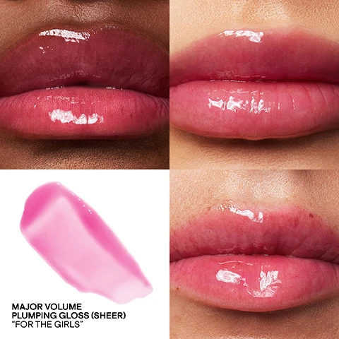 Image 1 - Four panels display glossy pink-red lips on two different skin tones, a pink lip gloss swatch, and text reading MAJOR VOLUME PLUMPING GLOSS (SHEER) FOR THE GIRLS. Image 2 - A pink lip gloss applicator wand is shown with a thick drop of product dripping from it, next to the lip gloss tube on the left that reads PATRICK TA vertically, and on the right, text reads MAJOR VOLUME. MAJOR BENEFITS. INSTANT PLUMPING EFFECT WITH CINNAMON & GINGER. HYDRATING PEPTIDES FIRM & SMOOTH LIPS. NON-STICKY SHINE. VEGAN & CRUELTY FREE. AVAILABLE IN SHEER & RICH FORMULAS. Image 3 - Two swatches of lip gloss are shown on a white background, with a lighter sheer pink color at the top and a darker rich rose color at the bottom, labeled MAJOR VOLUME PLUMPING GLOSS (SHEER) 2CCS and MAJOR VOLUME PLUMPING GLOSS RICH NEED HER respectively. Image 4 - The image displays ten swatches of Major Voume Plumping Lip Gloss in two rows, including 2 CCS juicy pink, FULL SYRINGE bright cherry, FOR THE GIRLS hot pink, MAINSTAGE cranberry, UNAVAILABLE burgundy, POUTY baby pink, SUPERFICIAL nude beige, SAY LESS milky pink, NEED HER soft blush, and OBVIOUSLY toffee, with a richness scale marked RICH below.