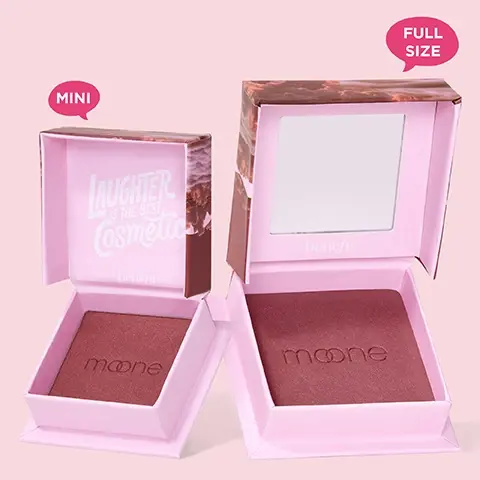 Image 1 - A pink cosmetic packaging featuring a mini blush on the left with the text Laughter is the Best Cosmetic and a full-size blush on the right with a mirror, both labeled mini and full size.
Image 2 - A grid of various colored powders, including text labels stating Silky-soft powder, Airbrushed & blurring effect, Blendable & buildable, Ultra-fine, Satins, shimmers & mattes, and Weightless, indicating different characteristics of the products.
Image 3 - Image shows a side-by-side comparison of a womans face labeled Before on the left and MOONE LIT on the right, illustrating the difference in skin appearance and glow after using a product.