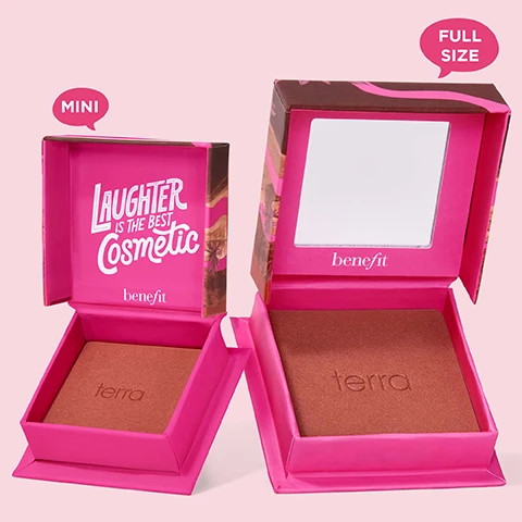 Image 1 - A pink packaging of a blush with a mirror, showing a mini size on the left with the text Laughter is the best Cosmetic and a full size on the right with the text benefit and terra.
Image 2 - Three arms displaying a variety of swatched colors on skin, with the names of the shades Dandelion, Shellie, Crystal, Sunny, Peachin, Butterfly, Willa, Starlaa, Java, Pompom, Moone, and Terra listed alongside.
Image 3 - A close-up view of various colored powders arranged in a grid pattern, showcasing descriptions like Silky-soft powder, Airbrushed & blurring effect, Blendable & buildable, Ultra-fine, Satins, shimmers & mattes, and Weightless.
