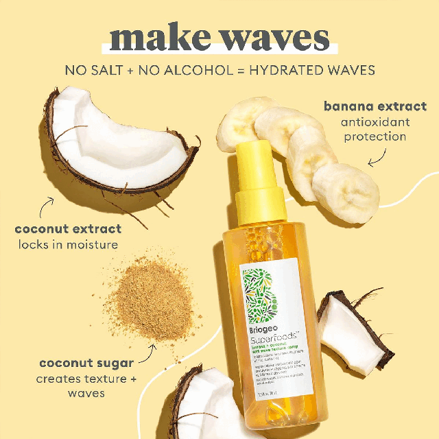 Product ingredients and their benefits. Before and after model shot.Ingredients and their benefits. Product benefits.Briogeo superfood collection. 6 free hair care