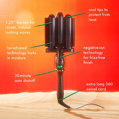 Image 1 - A hair styling tool with three black barrels for creating waves is shown against an orange background, with text highlighting features such as 1.25 barrels for loose waves, far-infrared technology that locks in moisture, negative-ion technology for a frizz-free finish, a 30-minute auto shut-off feature, cool tips to protect from heat, and an extra long 360 swivel cord.
Image 2 - Image shows a woman with straight hair on the left labeled BEFORE and wavy hair on the right labeled AFTER with the text jumbo high tide deep waver at the top and hair untouched at the bottom.
Image 3 - Before and after images of a woman showing her hair transformation, with the left side displaying sleek straight hair and the right side showcasing wavy hair styled with the jumbo high tide deep waver; additional text reads hair untouched.
Image 4 - A side-by-side comparison shows a woman with straight hair on the left labeled BEFORE and the same woman with wavy hair on the right labeled AFTER, featuring the text jumbo high tide deep waver above and hair untouched below.
Image 5 - A person with wavy hair holds two different hair styling tools, one labeled Jumbo 1.25 inches and the other labeled High Tide Deep Waver 0.7 inches, against a bright blue background.
Image 6 - Image showing two different hairstyles with wavy hair textures side by side on a blue background; the left side has loose waves labeled jumbo high tide deep waver and the size 1.25 loose waves, while the right side has more defined waves labeled high tide deep waver and the size 0.7 defined waves, with the text what wave do you want to ride? at the top.
Image 7 - Image shows two hair wavers side by side on a blue background: the left one labeled Jumbo with 1.25-inch barrels, ideal for shoulder length hair or longer, creating loose, natural-looking waves; the right one labeled with 0.7-inch barrels, suitable for all hair lengths, creating tighter, more defined waves.
Image 8 - A woman with long hair demonstrates a six-step hair styling process that includes brushing, applying heat protection, selecting a heat setting, waving hair in sections, finishing with a product, and showcasing beach waves; the steps are numbered and labeled with text instructions.
Image 9 - A person with long straight hair holds a hair styling tool with adjustable heat settings, and the image includes the text adjustable heat from 120°f - 390°f.