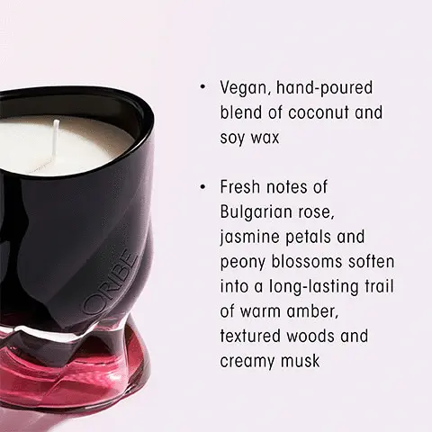 Image 1, Vegan, hand-poured blend of coconut and soy wax. Fresh notes of bulgarian rose, jasmine petals and peony blossoms soften into a long-lasting trail of warm amber, textured woods and creamy musk. Image 2, Valley of Flowers - woody floral. Key Notes, Top = sparkling pmelo, italian bergamot, blue violet. Middle = bulgarian rose, white peony, jasmine petals. Drydown = warm amber, sandalwood, creamy musk. Image 3, transport your sense with oribes three scents, citrus floral, armomatic green and woody floral.