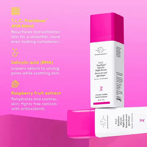 Image 1, TLC framboos AHA blend, resurfaces and exfoliates skin for a smoother, more even looking complexion. Salicylic acid BHA loosens sebum to unclog pore whilst soothing skin. Raspberry fruit extract rehydrates and soothes skin, fights free radicals with anti-oxidants. Image 2, 98% agreed skin felt smoother, 93% agreed skin appeared restored to a healthy and radiant glow, 92% agreed the look of dullness was improved *in a consumer perception study with 106 people after 14 days of use. Image 3, TLD loves F Balm, use TLD Framoos for a gentle chemical exfoliation that clears the way for maximum absorption of F-Balm