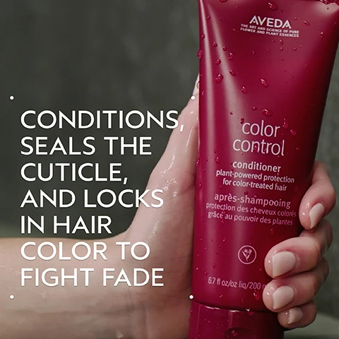 Image 2 - A wet hand holds a dark pink Aveda Color Control conditioner bottle, with water droplets visible, featuring overlaid white text on the left that reads Conditions, Seals the Cuticle, and Locks in Hair Color to Fight Fade, and text on the bottle itself including Aveda The Art and Science of Pure Flower and Plant Essences, color control, conditioner plant-powered protection for color-treated hair, après-shampooing protection des cheveux colorés grâce au pouvoir des plantes, a plant logo, and 6.7 fl oz/oz liq/200 ml. Image 3 - A dark green background features a large circular image with abstract orange and light blue swirling shapes, resembling oil or liquid, and two round orange forms in the center. The text reads: APRICOT OIL NOURISHES, SMOOTHS AND SEALS THE CUTICLE, HELPING TO LOCK IN BEAUTIFUL COLOR WITH RADIANT SHINE. Image 4 - A split image shows the back of a persons head with shoulder-length auburn hair, on the left the hair appears frizzy and unwashed, and on the right the hair is smooth and shiny, accompanied by the text BEFORE, AFTER, Unwashed Hair, and Results with Color Control Rich Shampoo, Conditioner, and Leave-In Treatment: Rich. Blow dried with paddle brush and finished with Light Elements™ Texturizing Cream. Image 5 - A dark green graphic outlines a four-step hair care routine: HOW TO USE; 01 CLEANSE shows hands washing hair with shampoo, with the text Color Control Shampoo: Rich; 02 CONDITION depicts a hand squeezing conditioner from a red bottle into a palm, with the text Color Control Conditioner; 03 TREAT shows a hand squeezing leave-in treatment from a small red tube into a palm, with the text Color Control Leave-In Treatment: Rich; and 04 STYLE illustrates hands scooping cream from a light blue jar, with the text Light Elements™ Texturizing Cream. Image 6 - Two swirls of thick, pale cream with textured ridges are shown on a white background. Image 7 - A woman with reddish-brown, shoulder-length hair is shown in a before and after comparison, with the before image on the left showing her hair appearing unwashed and styled with more volume, and the after image on the right showing her hair appearing smoother and shinier, with the text BEFORE, AFTER, Unwashed Hair, and Results with Color Control Rich Shampoo, Conditioner, and Leave-In Treatment: Rich. Blow dried with paddle brush and finished with Light Elements™ Texturizing Cream. Image 8 - Three white logos are displayed against a dark green leafy background: a 100% VEGAN logo with a V, a Certified B Corporation logo with a B, and a Cruelty Free INTERNATIONAL logo featuring a leaping bunny.