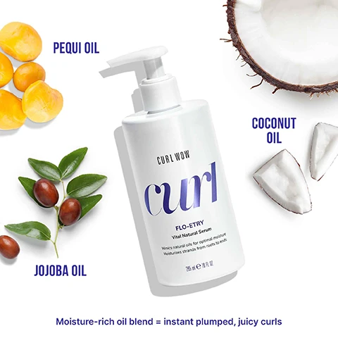 Image 4 - An arrangement of yellow pequi fruit, a bottle of Curl Wow Flo-Etry vital natural serum with visible text indicating the name and product details, jojoba oil seeds, and coconut pieces on a white background, with the text Moisture-rich oil blend = instant plumped, juicy curls.
Image 8 - A tube of Curl Wow Flo-Etry Vital Natural Serum with purple text on a white background, labeled as travel size, displaying details about moisture levels and breakage reduction.