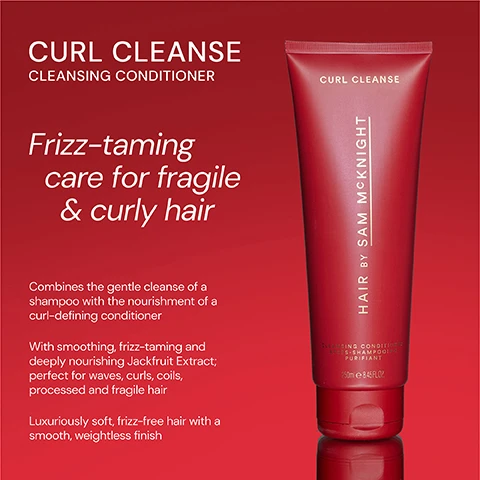 Image 1 - A red tube of CURL CLEANSE cleansing conditioner is shown, labeled with Frizz-taming care for fragile & curly hair, and includes text that states it combines the gentle cleanse of a shampoo with the nourishment of a curl-defining conditioner, featuring smoothing Jackfruit Extract for waves, curls, processed, and fragile hair.
Image 2 - A red tube of hair product labeled Curl Cleanse with five stars, featuring three customer testimonials about its effectiveness in managing frizz and enhancing hair quality.