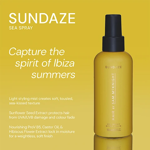 Image 1 - A bottle of Sundaze Sea Spray with a black cap on a light yellow background, featuring the text Sundaze at the top, Sea Spray underneath, and a description of the products benefits and ingredients below.
Image 2 - A spray bottle of Sundaze beach wave product on a solid yellow background, featuring five-star ratings and customer reviews stating it is the best beach wave product, enhances hair beauty with perfect waves, and adds body to hair.
