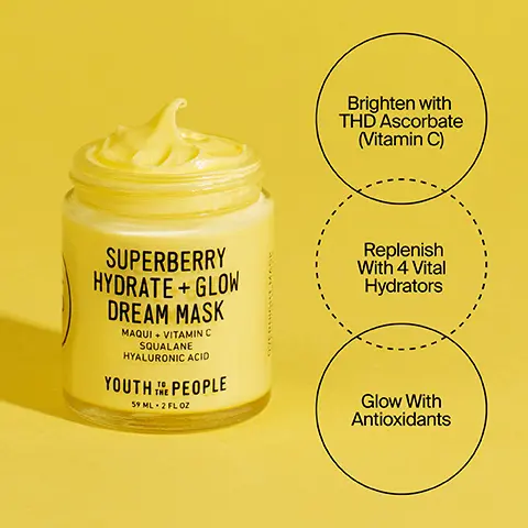 Image 1, superberry hydrate and glow dream mask, brighten with THD ascorbate vitamin C, replenish with 4 vital hydrators, glow with antioxidants. Image 2, ingredients for superberry hydrate and glow dream mask. THD Ascorbate (Vitamin C) stable vitamin C works to brighten and firm the look of skin. Squalane and Hyaluronic acid, replenishes vital moisture and helps prevent transpidermal water loss. Superberry blend = antioxidant rich fruit extracts help hydrate and combat free radicals. Image 3, 15% vitamin C and caffeine energy serum ingredients. 15% Vitamin C, brightens the look of dark spots and fives skin a firmer appearance. Plant caffeine, yerba mate and guayusa complez visibly depuffs and smooths skin. Passion and dragon fruit, high in antioxidants and helps scavenge for free radicals