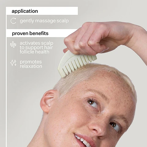 Image 1 - A person with short, light-colored hair is gently massaging their scalp with a white comb, accompanied by text that states application gently massage scalp and proven benefits activates scalp to support hair follicle health promotes relaxation.
Image 2 - Three translucent green hair combs are arranged on a light background, with a text overlay stating five stars and the phrase made my scalp feel amazing.