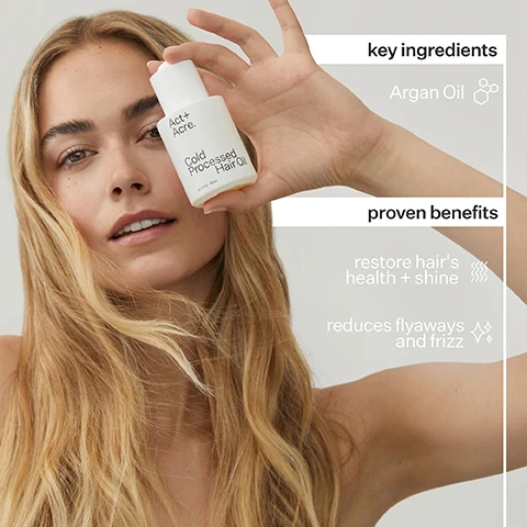 Image 1 - A woman with long, wavy hair holds a white bottle labeled Cold Processed Hair Oil while smiling at the camera, and there are words beside her detailing key ingredients like Argan Oil and proven benefits such as restoring hairs health and shine, and reducing flyaways and frizz.
Image 2 - A comparison image showing two views of long black hair, with the left side labeled Before and showing wavy, frizzy hair, and the right side labeled After showing sleek, straight hair.
Image 3 - A bottle of cold processed hair oil by Act + Acre, with a dropper, surrounded by text highlighting its ingredients: Meadowfoam Oil, which moisturizes and adds natural shine, and Plant-Based Squalene, a botanical heat protectant that prevents thermal damage.
Image 4 - Image shows four circular progress indicators on a grey background, displaying percentages: 92% agree reduced breakage, 91% agree reduced frizz and flyaways, 92% agree added natural shine with the text Proven Results and results from a consumer perception study with all hair and scalp types.
Image 5 - A grey background displays a chart titled Cold Processed® Hair Oil ingredients, listing Meadowfoam Oil and Plant-Based Squalene with descriptions, along with sections for production and packaging details including ethical labor, manufacturing method, and materials used.
Image 6 - An infographic explaining the benefits of the Cold Processed method, featuring a chart showing that 97% of nutrients are retained with Cold Processed compared to 10% retained with heat processing, along with the text Cold Processed® method uses -30° hyperbaric chamber to preserve the molecular structure of bioactive ingredients, ensuring maximum performance.