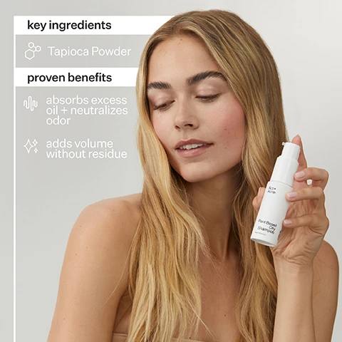 Image 1 - A woman with long, wavy hair holds a bottle of hair product while smiling; text beside her lists key ingredients as Tapioca Powder and proven benefits including absorbs excess oil + neutralizes odor and adds volume without residue.
Image 2 - Image shows a side-by-side comparison of hair before and after treatment, with the left side labeled Before showing wet, unstyled hair and the right side labeled After showing dry, smooth hair.
Image 3 - Side-by-side comparison of a woman’s hairstyle before and after treatment, with visible text labels Before and After under each image.
Image 4 - A white bottle of Fulvic Acid Volumizing Dry Shampoo from Act+Acre is positioned on a green leaf, accompanied by text describing it as containing plant-based powders, which are a blend of tapioca powder, rice starch, and rice powder, highlighting its volumizing, balancing, and cleansing properties.
Image 5 - Image of a product ingredient list for Fulvic Acid Volumizing Dry Shampoo, showing ingredients like Tapioca Powder, Rice Starch, Rice Powder, and Fulvic Acid, along with sections on production and packaging details, including ethical labor, bottle material, and recyclability percentages.