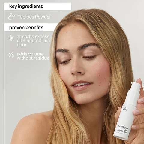 Image 1, key ingredients = tapioca powder. proven benefits = absorbs excess oil and neutralises odor. adds volume without residue. image 2, plant based powders = a blend tapioca powder, rice starch and rice powder. volumising, balancing, cleansing. image 3, fulvic acid volumising dry shampoo ingredients. tapioca powder = absorbs oil and odor to instantly refresh hair without leaving residue or a white. rich starch and rice powder = absorbs excess sebum without drying or irritating the scalp. fulvic acid = a super nutrient extracted from organic plant matter that delivers over 65 minerals to the follice to restore the scalp microbiome. production, ethical labor = 100%. packaging. bottle = PET plastic. nozzle = PET plastic. recyclability = 85%. box material = certified post recycled.