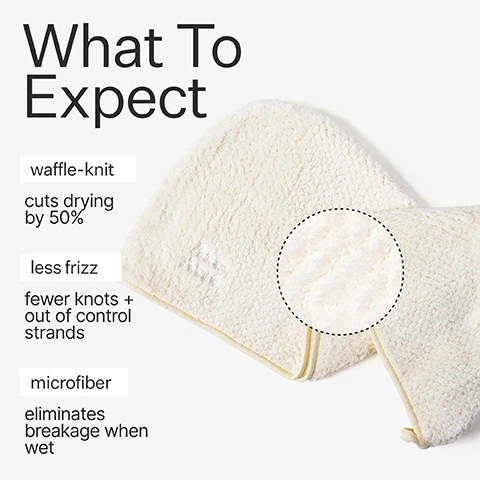 Image 1 - Image of a textured, white towel with a waffle knit pattern, accompanied by text on the left side reading What To Expect followed by three bullet points: waffle-knit cuts drying by 50%, less frizz fewer knots + out of control strands, and microfiber eliminates breakage when wet.
Image 2 - A woman with a towel wrapped on her head is looking at the camera, with text beside her that lists proven benefits: reduces drying time, prevents frizz + damage, improves long-term hair health.