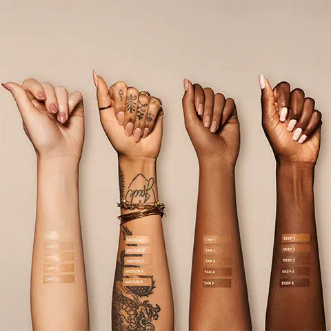 Image 1, Model hand swatch shot. Image 2, Models wearing all shades