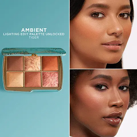 Image 1, ambient lightening palette unlocked tiger. Image 2, shade names - transcendent light finishing powder, brilliant glow strobe light strobe powder, burnish glow blush, divine strobe light strobe powder, copper flash strobe light strobe powder, iridescent rose blush