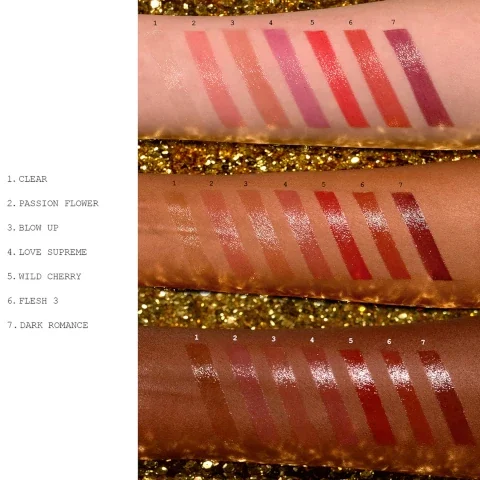 swatches on three different skin tones. 1 = clear, 2 = passion flow, 3 = blow up, 4 = love supreme, 5 = wild cherry, 6 = flesh 3, 7 = dark romance