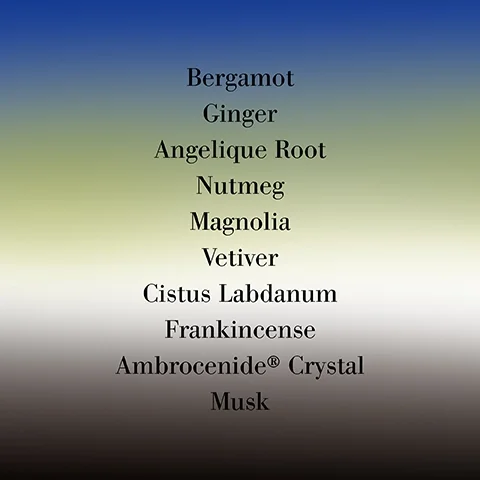 A gradient background transitions from blue to green, displaying a list of ingredients including Bergamot, Ginger, Angelique Root, Nutmeg, Magnolia, Vetiver, Cistus Labdanum, Frankincense, Ambrocenide® Crystal, and Musk.