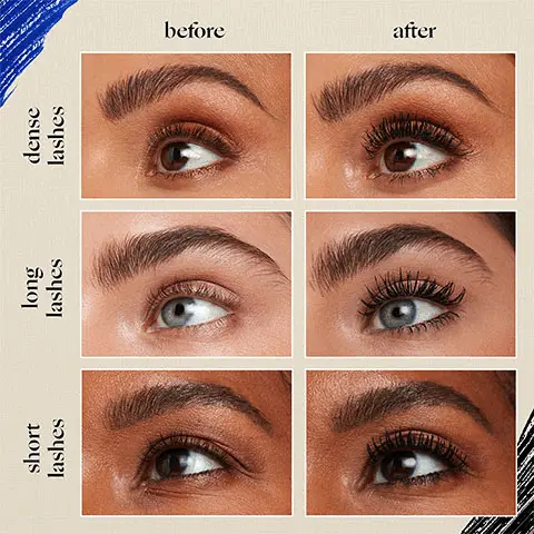 Image 1, before and after shots modelled across three different types of lashes- Dense lashes, long lashes and short lashes. Image 2, shots to show lashes before, lashes with primer and lashes after the mascara