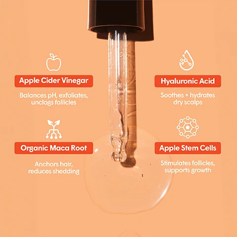 Image 1 - A dropper filled with a clear liquid is shown against an orange background, with icons and text describing the ingredients: Apple Cider Vinegar - balances pH, exfoliates, unclogs follicles; Organic Maca Root - anchors hair, reduces shedding; Hyaluronic Acid - soothes + hydrates dry scalps; Apple Stem Cells - stimulates follicles, supports growth.
Image 2 - A woman with long, wavy hair is holding a dropper above her scalp against a light orange background, while text on the left side reads: How To Use: Section damp or dry hair, Apply on scalp using dropper, Massage into scalp and roots, Do not rinse out; When To Use: Daily.
Image 3 - A hand holds a dropper over a bottle of deHUE ACV Scalp Serum with an orange background, featuring text stating 93% said the serum did not weigh down their hair, 88% said their scalp felt nourished, 83% said their hair felt strengthened and looked better, and a badge saying Best of Beauty Award Winner 2022.
Image 4 - Two women are smiling and standing close together against an orange background, with one woman having long, wavy hair and the other with short, curly hair; visible text reads Made with artisanal-crafted Apple Cider Vinegar, ensuring premium quality + results.
Image 5 - Image shows a collection of hair care products from dpHUE on a peach-colored background, including shampoo, conditioner, scalp serum, hair rinse, hair masque, and exfoliating scalp detox, with visible text stating hair care you can trust, color safe, paraben free, SLS & SLES sulfate free, Leaping Bunny Certified, and pH balanced.