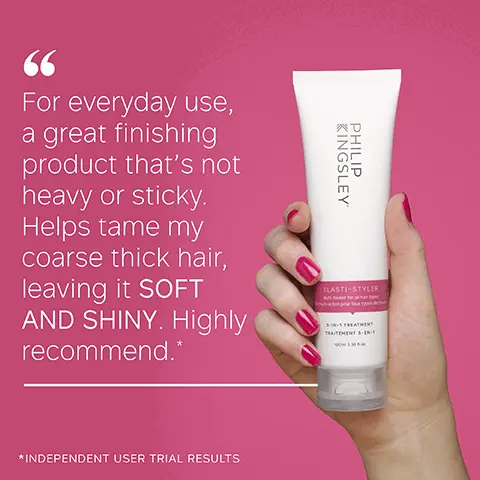 Image 1, 66 For everyday use, a great finishing product that's not heavy or sticky. Helps tame my coarse thick hair, leaving it SOFT AND SHINY. Highly recommend.* KINGSLEY PHILIP ELASTI-STYLER TRAITEMENT S-EN-1 *INDEPENDENT USER TRIAL RESULTS Image 2, KEY INGREDIENTS BABASSU OIL Conditions and nourishes the hair OLIVE OIL High in Vitamin E and essential fatty acids which help hair look shiny and healthy PHYTOLASTIN Enhances suppleness and helps retain moisture Image 3, KEY BENEFITS Reduces frizz Conditions and strengthens Tames and smoothes Boosts shine Primes hair ready for effortless styling Image 4,HOW TO USE 1. Start with a large pea-sized amount and work through the mid-lengths and ends of towel-dried hair 2. Blow-dry and style as usual 3. A small amount can also be applied to dry hair to finish, plus tame frizz and flyaways KINGSLEY PHILIP ELASTI-STYLER S-IN-1 TREATMENT TRAITEMENT 1-1-1