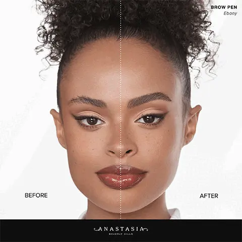 Image 1, Anastasia Beverly Hills- Image showing before and after use of the Brown Pen in shade Ebony. Image 2, Features a universal, easy-to-apply, mess-free formula that provides long-lasting, extreme-hold - leaving you with full-bodied brows that last all day. Image 3, Image showing the tip of the brow pen. Text- Superfine and firm brush-tip creates realistic looking, thin hair strokes. The specially designed brush-tip won't clog or skip and is not made of felt. Image 4, Before and after image showing the use of the brow gel. Image 5, showing the shades available- taupe, soft brown, medium brown, dark brown and ebony.