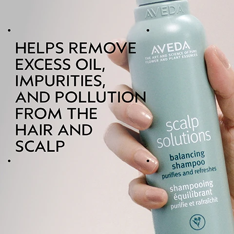 Image 2 - A hand holds a light blue Aveda Scalp Solutions balancing shampoo bottle with text reading Aveda, THE ART AND SCIENCE OF PURE FLOWER AND PLANT ESSENCES, scalp solutions, balancing shampoo, purifies and refreshes, shampooing équilibrant, purifie et rafraîchit, and a flower logo, next to large black text that says HELPS REMOVE EXCESS OIL, IMPURITIES, AND POLLUTION FROM THE HAIR AND SCALP. Image 3 - A before and after image displays a persons long, dark hair; on the left, labelled BEFORE, the hair is unkempt, with text Unwashed Hair below it; on the right, labelled AFTER, the hair is smooth, shiny, and styled, with text Results with Scalp Solutions Exfoliating Scalp Treatment, Balancing Shampoo, Replenishing Conditioner, Hydrating Hair & Scalp Masque and Overnight Scalp Renewal Serum. Styled with Pure Abundance Style-prep™ and Air Control™ Light Hold Hair Spray below it. Image 4 - A dark green background with a white circle displaying an orange half, mint leaves, sliced lime, orange blossoms, and orange peel pieces, accompanied by the text: CLEAN, UPLIFTING AROMA. BRIGHT CITRUS NOTES OF LEMON AND ORANGE WITH NEROLI AND CRISP, COOL MINT. Image 5 - On a green, bubbly background with plant details, the image titled HOW TO USE illustrates a four-step scalp care routine: 01 EXFOLIATE, depicting a hand applying Scalp Solutions Exfoliating Scalp Treatment to curly hair; 02 MASSAGE, showing a hand using a Scalp Solutions Stimulating Scalp Massager on wet hair; 03 CLEANSE & CONDITION, with a hand applying Scalp Solutions Balancing Shampoo & Replenishing Conditioner to long hair; and 04 TREAT & REFRESH, demonstrating a hand applying Scalp Solutions Overnight Scalp Renewal Serum, Hydrating Hair and Scalp Masque & Refreshing Protective Mist to curly hair with a dropper. Image 6 - A close-up abstract image of white, frothy bubbles or foam covering a light gray surface, with varying sizes of bubbles. Image 7 - A split image shows a persons head from behind with dark, curly hair before and after a hair treatment, with the left side labeled BEFORE and Unwashed Hair showing frizzy hair, and the right side labeled AFTER showing styled hair, accompanied by text detailing the products used: Results with Scalp Solutions Exfoliating Scalp Treatment, Balancing Shampoo, Hydrating Scalp & Hair Masque, Refreshing Protective Mist, Overnight Repair Serum. Styled with Aveda Men Pure-formance™ Pomade, Texture Tonic, Light Elements Defining Whip, and Air Control™ Light Hold Hair Spray. Image 8 - Three white certification logos are displayed against a dark green leafy background with a red plant accent, reading 100% VEGAN, Certified B Corporation, and Cruelty Free INTERNATIONAL.