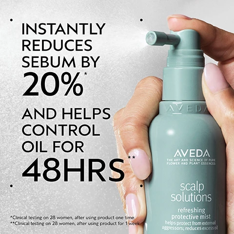 Image 2 - A hand holds a light green Aveda Scalp Solutions spray bottle emitting a fine mist, next to text that reads: INSTANTLY REDUCES SEBUM BY 20%* AND HELPS CONTROL OIL FOR 48HRS** AVEDA THE ART AND SCIENCE OF PURE FLOWER AND PLANT ESSENCES scalp solutions refreshing protective mist helps protect from external aggressors; reduces excess oil *Clinical testing on 28 women, after using product one time. **Clinical testing on 28 women, after using product for 1 week. Image 3 - A large clear sphere with green liquid and bubbles is centered against a swirling green and white background on a dark green surface, accompanied by the text A REFRESHING BLEND and INCLUDES ADAPTOGENIC BOTANICALS, CENTELLA ASIATICA AND ANDROGRAPHIS HELP PROTECT AND SHIELD SCALP FROM POLLUTION AND ENVIRONMENTAL STRESSORS. Image 4 - A split image presents a persons long dark hair in a before and after comparison; the left side, marked BEFORE, shows slightly frizzy and dull hair, while the right side, marked AFTER, shows visibly smoother, shinier hair, with additional text reading: BEFORE AFTER Unwashed Hair Results with scalp solutions exfoliating scalp treatment, balancing shampoo, replenishing conditioner, hydrating hair & scalp masque and overnight scalp renewal serum. Styled with pure abundance style-prep™ and air control™ light hold hair spray. Image 5 - The image displays a four-step guide on how to use scalp solutions against a green bubbly background with the title How To Use, showing a hand applying a product to a scalp for step 01 Exfoliate scalp solutions exfoliating scalp treatment, a hand using a scalp massager on lathered hair for step 02 Massage scalp solutions stimulating scalp massager, a hand working product into dark wet hair for step 03 Cleanse & Condition scalp solutions balancing shampoo & replenishing conditioner, and a hand applying serum with a dropper to a scalp for step 04 Treat & Refresh scalp solutions overnight scalp renewal serum & hydrating hair and scalp masque & refreshing protective mist. Image 6 - A before and after comparison of a persons dark, wavy hair from behind shows duller, less defined hair on the left and shinier, more defined, and styled hair on the right, with text reading BEFORE, AFTER, Unwashed Hair, and Results with scalp solutions exfoliating scalp treatment, balancing shampoo, hydrating scalp & hair masque, refreshing protective mist, overnight repair serum. Styled with aveda men pure-formance™ pomade, texture tonic, light elements defining whip, and air control™ light hold hair spray. Image 7 - A close-up view of many clear water droplets scattered across a white surface. Image 8 - Three white certification logos are displayed against a dark green background of tropical leaves, including 100% VEGAN with a large V in a circle, Certified B Corporation with a B in a circle, and Cruelty Free INTERNATIONAL with a leaping rabbit icon.