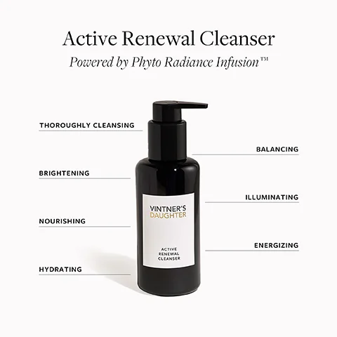 A black bottle of Vintners Daughter Active Renewal Cleanser with a pump top, surrounded by text highlighting its benefits: thoroughly cleansing, brightening, nourishing, hydrating, balancing, illuminating, and energizing.