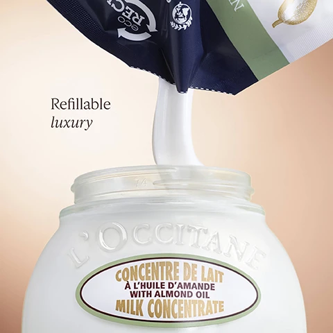 Image 4 - A close-up image of a jar labeled LOccitane appearing partially filled with a white cream being poured from a refill pouch, with visible text stating Milk Concentrate and Refillable luxury.
Image 5 - A close-up image of a jar of body cream with a smooth, white, velvety texture, and the text Body Cream Fast-absorbing velvety texture above the cream.
Image 6 - A close-up of a smooth, tanned leg with a thick layer of white cream applied, accompanied by the text 97% said their skin felt firmer & smoother* and *Consumer test on 31 women for one month.
Image 7 - A close-up of a smooth, toned skin area with the text improves skin smoothness by 23% and a footnote stating clinical scoring on 31 female subjects after 28 days.