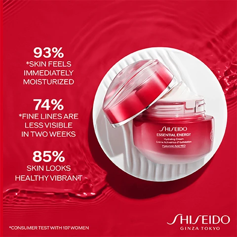 Image 1, 93% skin feels immediately moisturised, 74% fine lines are less visible in two weeks. 85% skin looks healthy and vibrant. Image 2, hyaluronic acid complex hydration from outside. Panax ginseng root extract hydration from inside and fine lines prevention, citrus unshiu peel extract activates natural hydration power. Image 3, Hydrate clarifying cleansing foam, ultimate power infusing concentrate and essential energy hydrating cream