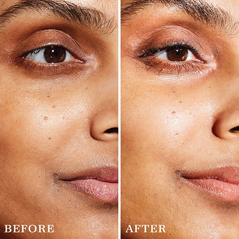 Image 1, before and after. image 2, clinical results. 94% agreed eyes looked more radiant. 91% said eyes looked brighter and less puffy. 88% said dark circles were less visible. self assessment on 32 users after 4 weeks.