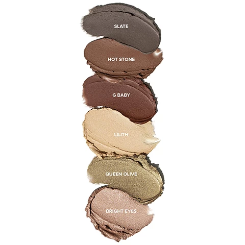 Image 1, swatches of the products, slate, hot stone, g baby, lilth, queen olive and bright eyes. Image 2, different eye looks using the shades. magnetic luminous eye lilth, bright eyes, queen olive, hot stone, slate and g baby. Image 3, swatches on three different skin tones, slate, queen olive, bright eyes, lilth, g baby and hot stone.