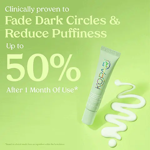 Clinically proven to fade dark circles and reduce puffiness up to 50% after 1 month of use- based on clinical results from an ingredient within the formulation. Before and after in an independent study after 30 days of use. 98% noticed improved skin moisturization around the eye area. 93% noticed this product helped restore a more luminous glow. 91% agree this product made their eye area feel replenished. 91% showed improvement in the overall appearance of the eye area- in an independent perceptual study, with 45 participants after 30 days of use.