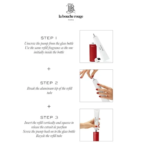 step 1 unscrew the pump from the glass bottle. use the same refill fragrance as the one initially inside the bottle. step 2 break the aluminum tip of the refill tube. step 3 = insert the refill vertically and squeeze to release the extrait de parfum. screw the pump back on to the glass bottle recycle the refill tube.