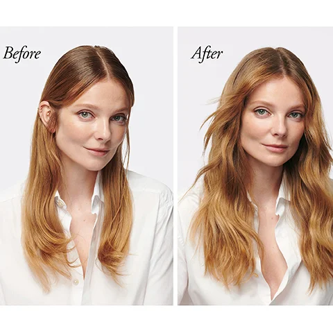 A split image shows a woman with flat straight hair labeled Before on the left and voluminous wavy hair labeled After on the right.
