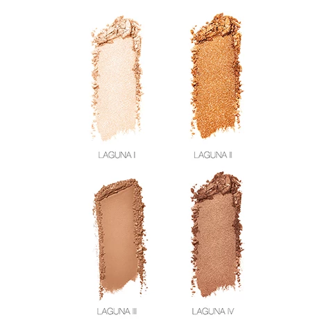 Image 1, laguna 1, laguna 2, laguna 3 and laguna 5. Image 2, laguna 1, laguna 2, laguna 3 and laguna 4 swatched on 3 different skin tones. Image 3, sweep the soft brown laguna 3 across the entire eyelid. push shimmering copper along upper lash line to define with laguna 4, highlight inner corner with sparkling nude with laguna 1. Image 4, blend soft brown of laguna 3 in circular motions across the crease. apply warm frosted ginger of laguna 2 on entire eyelid. deepen outer corner with copper of laguna 4 for a finishing touch. Image 5, blend soft brown as an all over base, apply warm frosted ginger on inner and outer eyelid, highlight center of lid, inner corner and beneath browbone with sparkling nude.