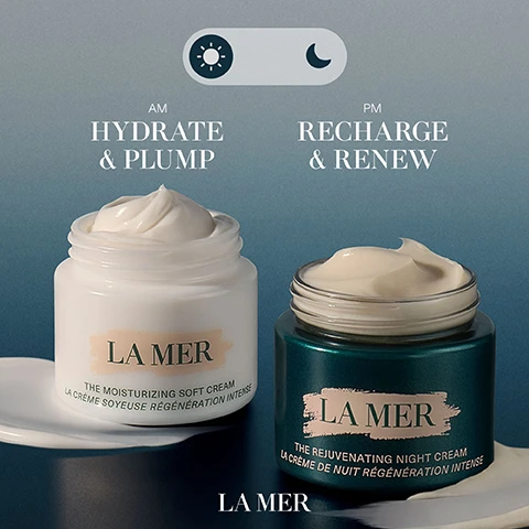 Image 1 - Two cream jars are displayed against a gradient background; the white jar labeled LA MER contains moisturizing soft cream, while the green jar labeled LA MER contains rejuvenating night cream, with titles AM hydrate & plump and PM recharge & renew.
Image 2 - A collection of white bubbles is shown with the text 94% said their skin felt SOFTER & SMOOTHER* below, and a small note stating *Consumer testing on 128 women after 1 week of product use.