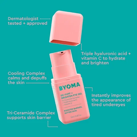 Dermatologist tested and approved, triple hyaluronic acid and vitamin C to hydrate and brighten, cooling complex calms and depuffs the skin. Instantly improves the appearance of tired eyes and tri-ceramide complex supports skin barrier