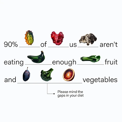 Image 1, 90% of us aren't eating enough fruit and vegetables. please mind the gaps in your diet. image 2, non GMO, cruelty free, clinically studied, made in USA.