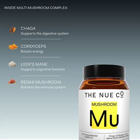 Image 1, chaga = supports the digestive system. cordyceps = boosts energy. lion's mane = supports cognitive function. reishi mushroom = bolsters the immune system. image 2, 90% of us aren't eating enough fruit and vegetables. please mind the gaps in your diet. image 3, non GMO, cruelty free, clinically studied. made in the USA. image 4, customer review = incorporating this mushroom supplement into my daily routine has been a game changer for improving my concentration levels. i am delighted with the results i've experienced.