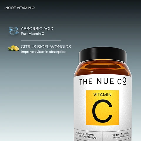 image 1, absorbic acid pure vitamin c. citrus bioflavonoids improves vitamin absorption. image 2, 90% of us aren't eating enough fruit and vegetables. please mind the gap in your diet. image 3, non GMP, clinically studied. made in the USA. image 4, customer review = i really like that it is vegan and all the ingredients are clean. i take vitamin c to support my immune system and i feel happy that i am using a product that does not have any synthetic preservatives.