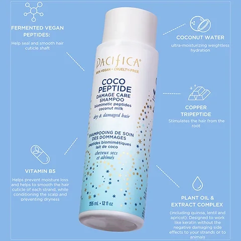 fermented vegan peptides, help seal and smooth hair cuticle shaft. coconut water ultra moisturising weightless hydration. copper tripeptide, stimulates the hair from the root. plat oil and extract complex, including quinoa, lentil and apricot, designed to work like keratin without the negative damaging side effects to your strands or the animals. vitamin B5 helps prevent moisture loss and helps to smooth the hair cuticle of each strand, while conditioning the scalp and preventing dryness.