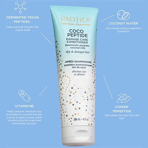 fermented vegan peptides, help seal and smooth hair cuticle shaft. coconut water ultra moisturising weightless hydration. copper tripeptide, stimulates the hair from the root. vitamin B5 helps prevent moisture loss and helps to smooth the hair cuticle of each strand, while conditioning the scalp and preventing dryness.