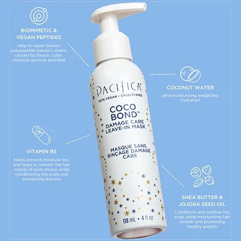 biomimetic and vegan peptides help to repair broken polypeptide (keratin) chains caused by bleach, colour, chemical services and heat. coconut water ultra moisturising weightless hydration. vitamin B5 helps prevent moisture loss and helps to smooth the hair cuticle of each strand, while conditioning the scalp and preventing dryness. shea butter and jojoba seed oil conditions and soothes the scalp while moisturising hair strands and promoting healthy growth