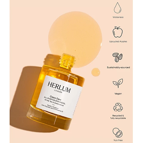 Image 1, waterless, upcycled apples, sustainably sourced, vegan, recylced and fully recyclable, nut free. Image 2, copaiba = native to the amazon rainforest, it soothes, nourishes and promotes skin healing. rosehip oil = cold pressed and organic, it brightens and supports skin elasticity, rich in vitamins A and E. squalane = derived from olives, it's a natural antioxidant and strengthens the skin's natural barrier. buriti = aka the amazon superfood, it improves skin radiance and is high in vitamins a and e. Image 3, top notes = white tea and lemon peel. middle notes = water lily and rose. base nose = cedarwood and musk. Image 4, ways to copa dew = body oil, face oil, hair oil, fragrance, bath and shower and cuticles